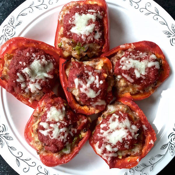 Stuffed red bell peppers.
