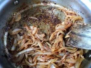 The fond on the bottom of pan when caramelizing onions.
