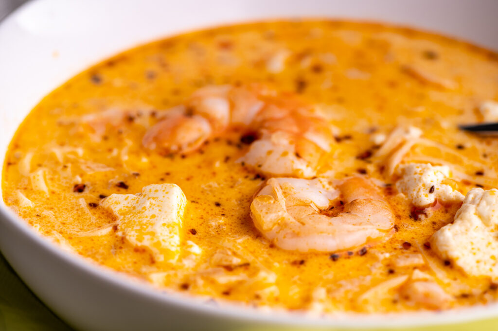 Soup loaded with shrimp and feta.