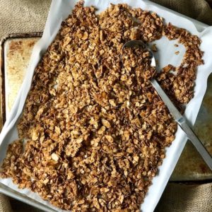 A baking sheet of baked easy homemade granola.