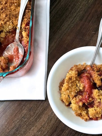 Deliciously sweet and tart Strawberry Rhubarb Crisp enhanced with 2 secret ingredients delivering intensified flavor in filling and added crunch in topping. Simply the best.