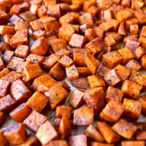 Closeup of roasted spiced sweet potatoes.