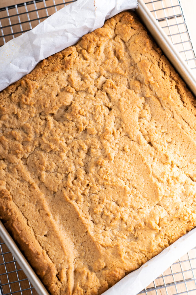 Baked peanut butter bars cooling on a rack.