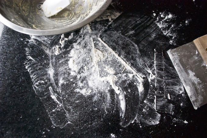 Flour on counter.