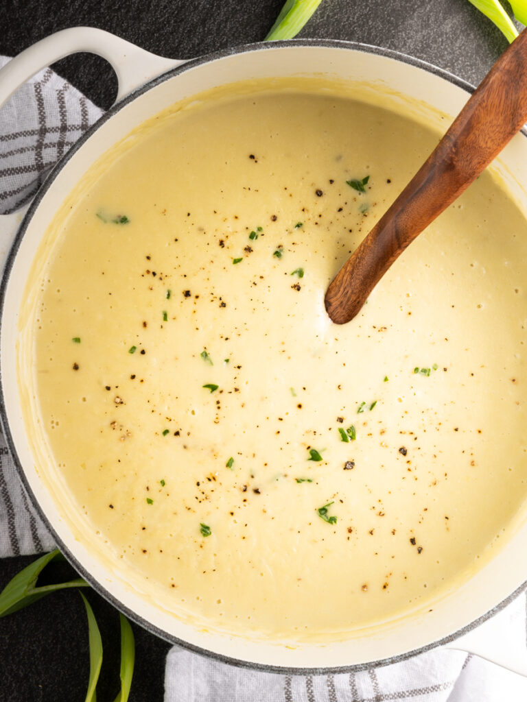 A pot of potato leek soup.