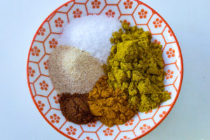 Spices used for curry roasted cauliflower.