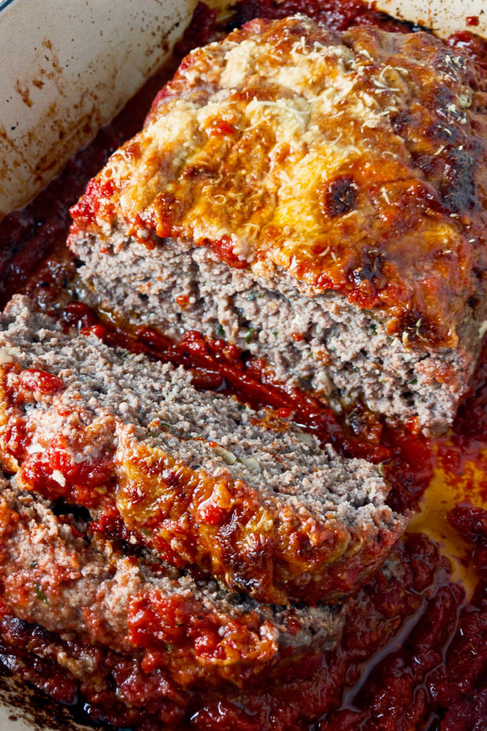 Italian meatloaf sliced and ready to eat.
