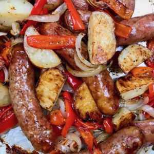 Roasted sausage, potatoes, peppers, and onions.