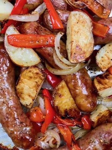 Roasted sausage, potatoes, peppers, and onions.