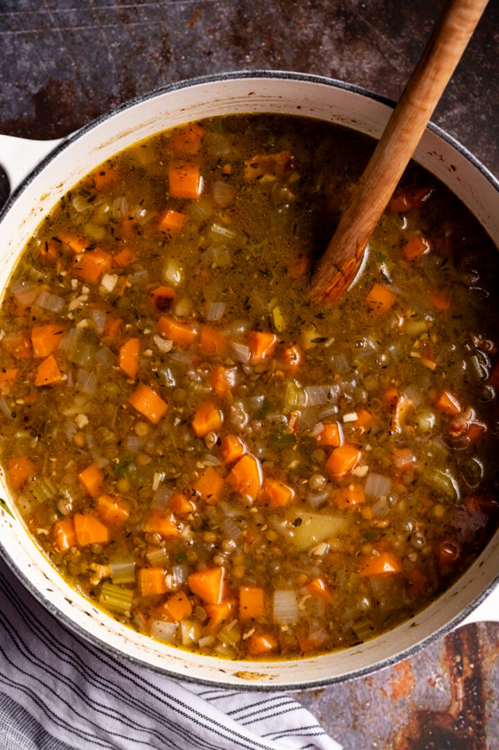 A pot of French lentil soup.