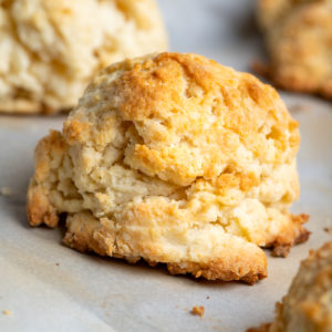 Closeup of a baked sour cream drop biscuit.