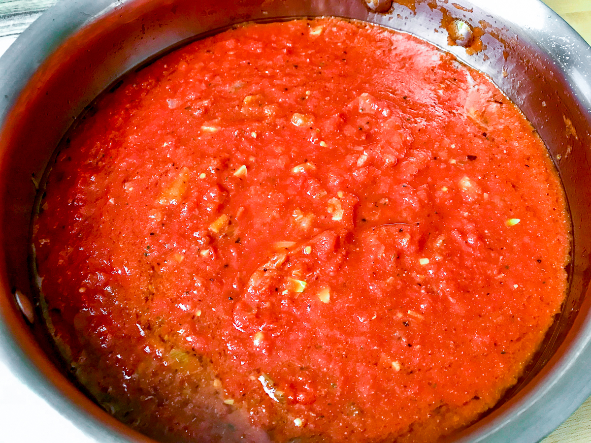 A skillet of homemade tomato sauce.