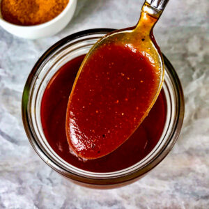 A spoonful of a quick no cook bbq sauce.
