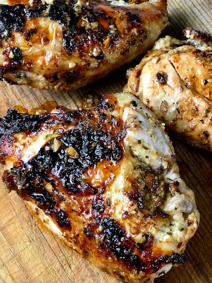 Chicken breasts on a board ready to be served.