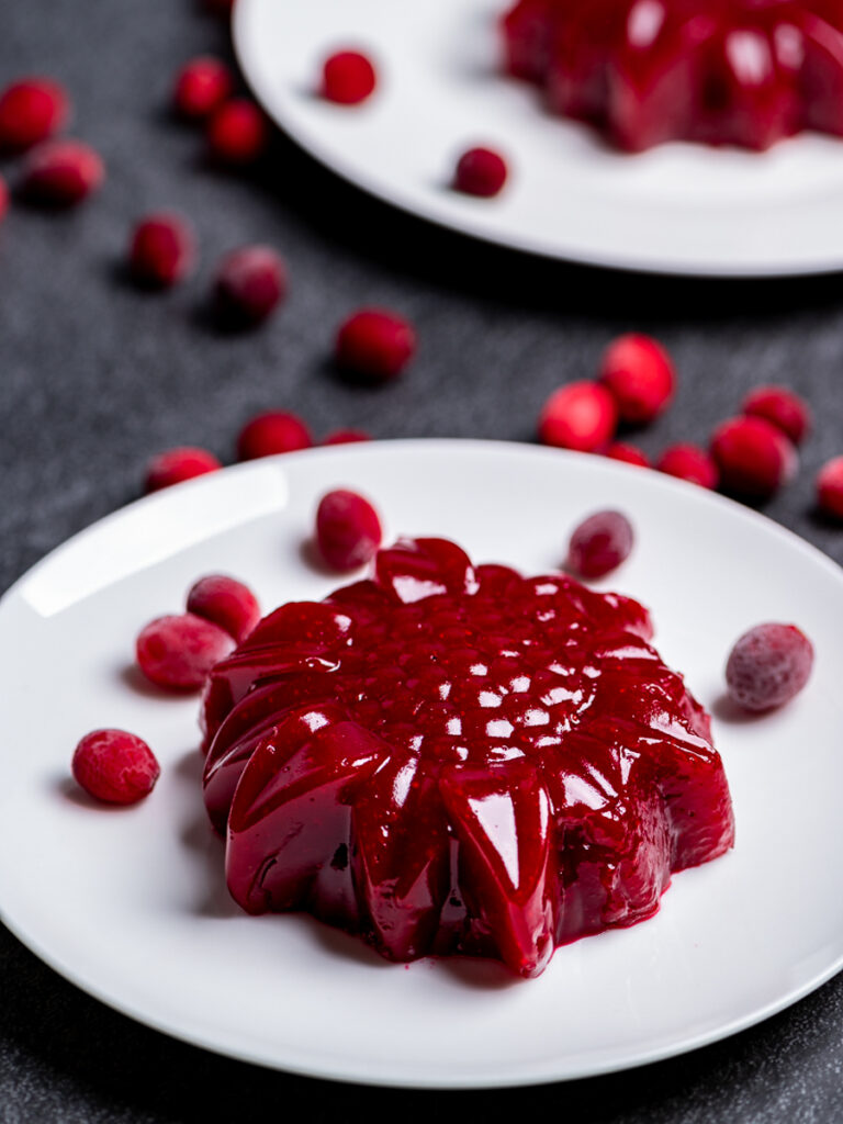 Molded cranberry sauce on a white plate with loose cranberries.