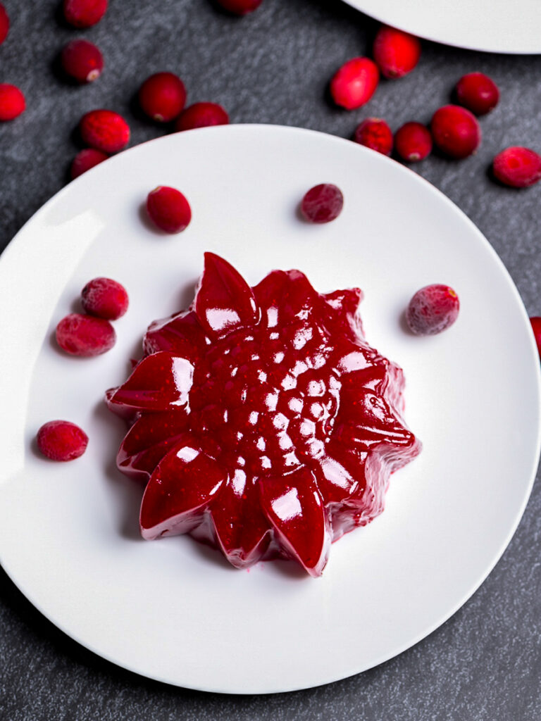 Molded cranberry sauce on a white plate with loose cranberries.