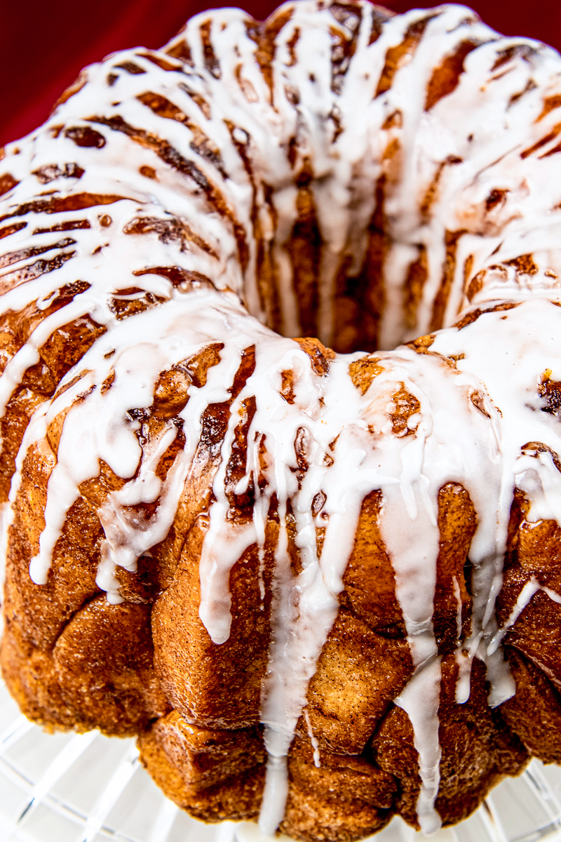 Icing drizzled on top of monkey bread.