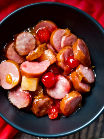 A bowl of Dad's famous sweet and sour kielbasa.