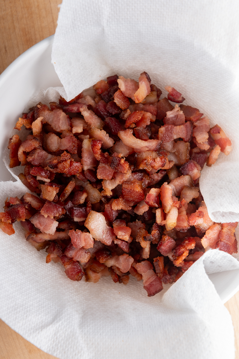 Crispy bacon bits in a bowl
