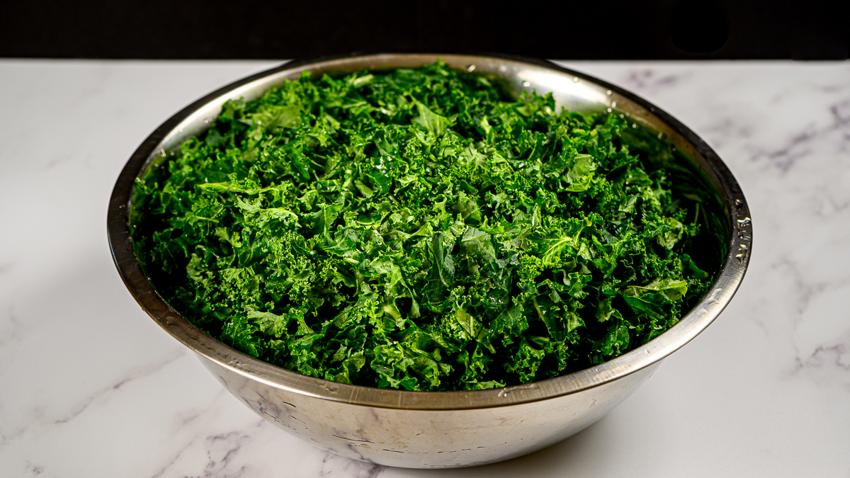 A large bowl of chopped kale.