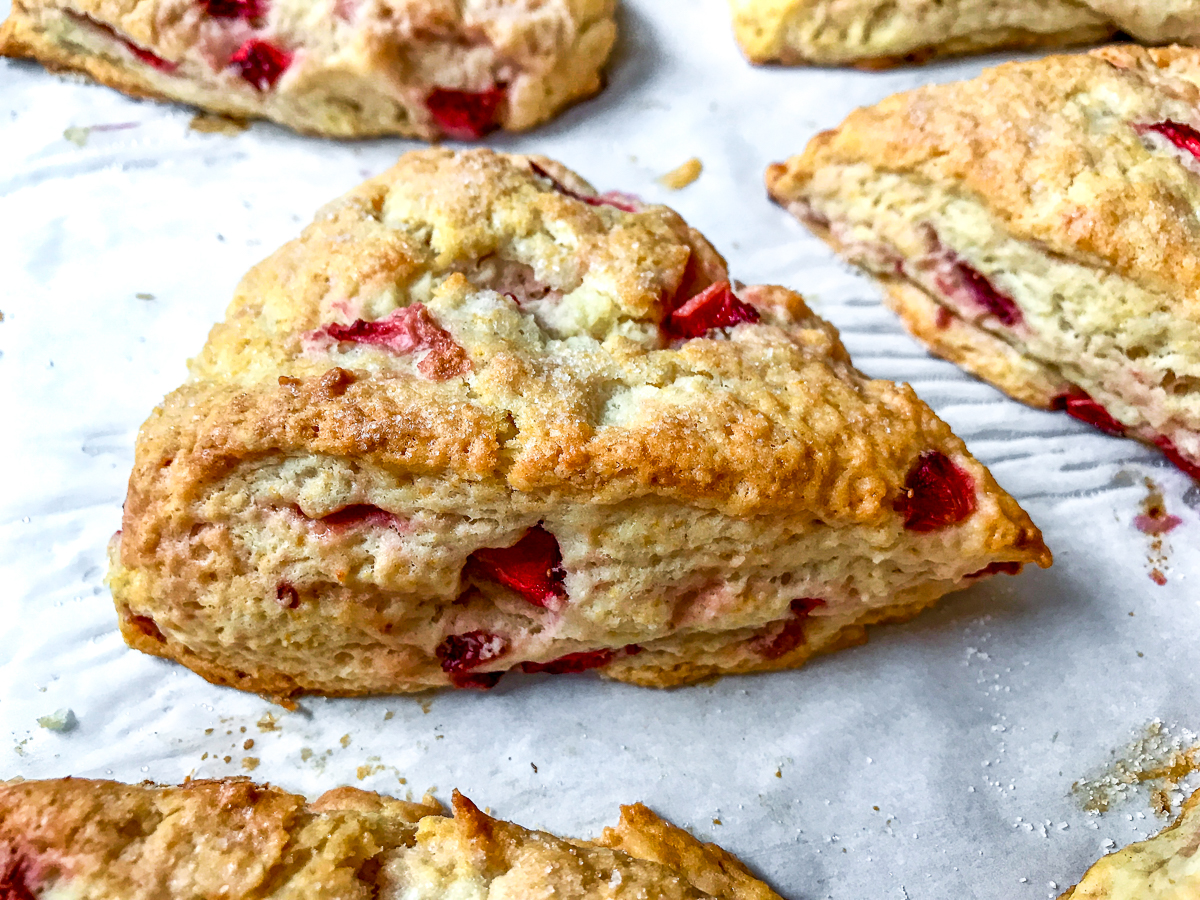 A closeup of a strawberry scone after it's baked.