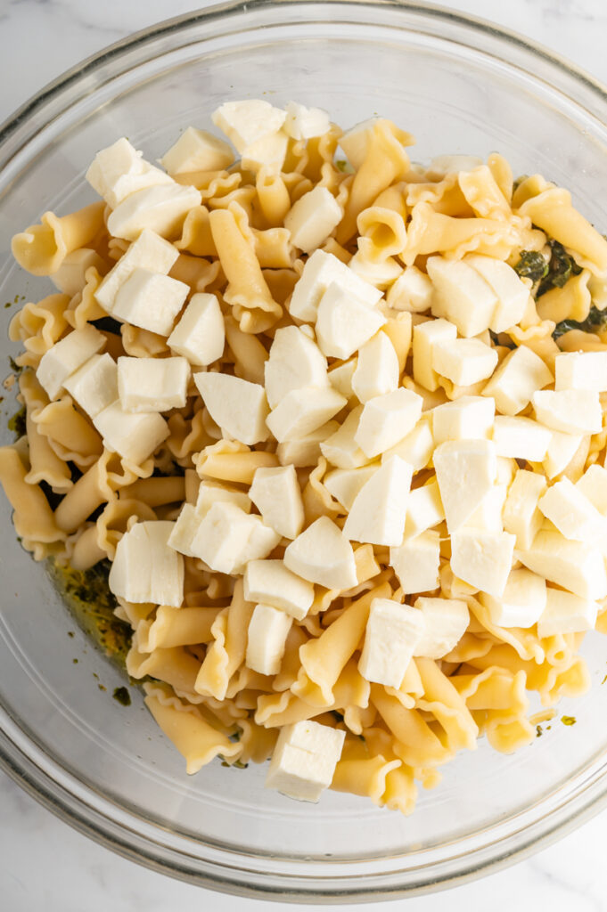 Chunks of mozzarella on top of pasta.