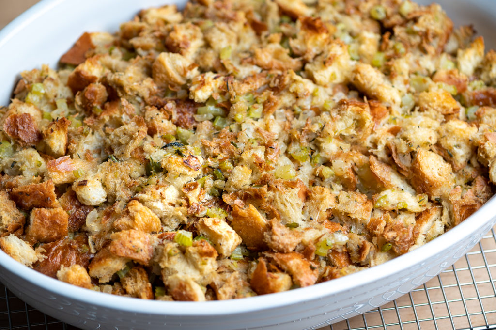 Golden bread stuffing after it's baked.
