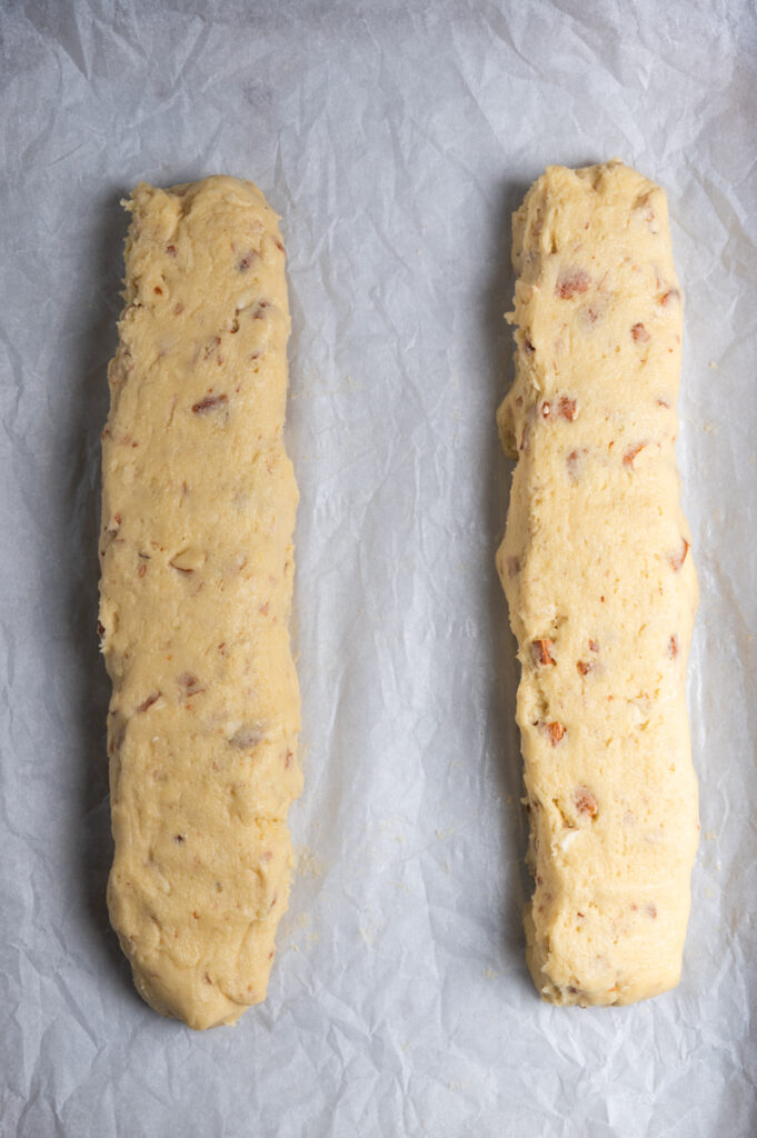 Unbaked logs of almond biscotti.