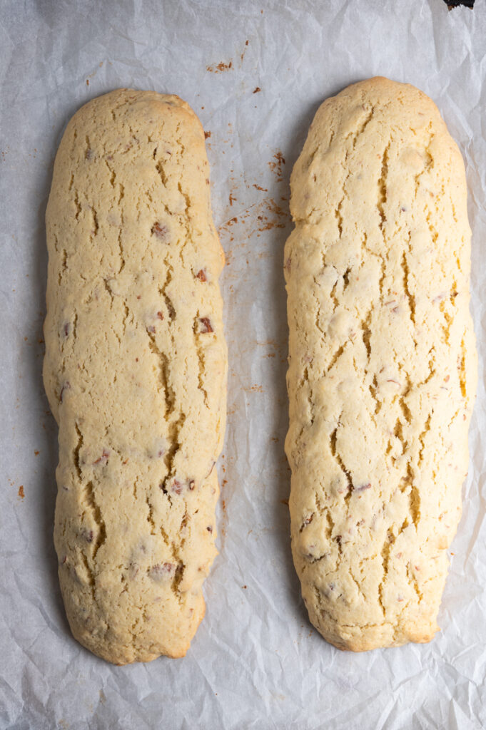 Baked logs of almond biscotti.