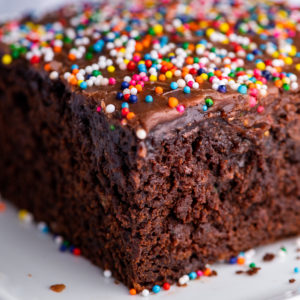 A slice of chocolate sheet cake topped with sprinkles.