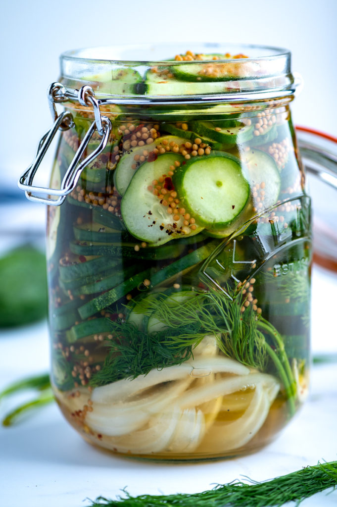 A jar of refrigerator bread and butter pickles.