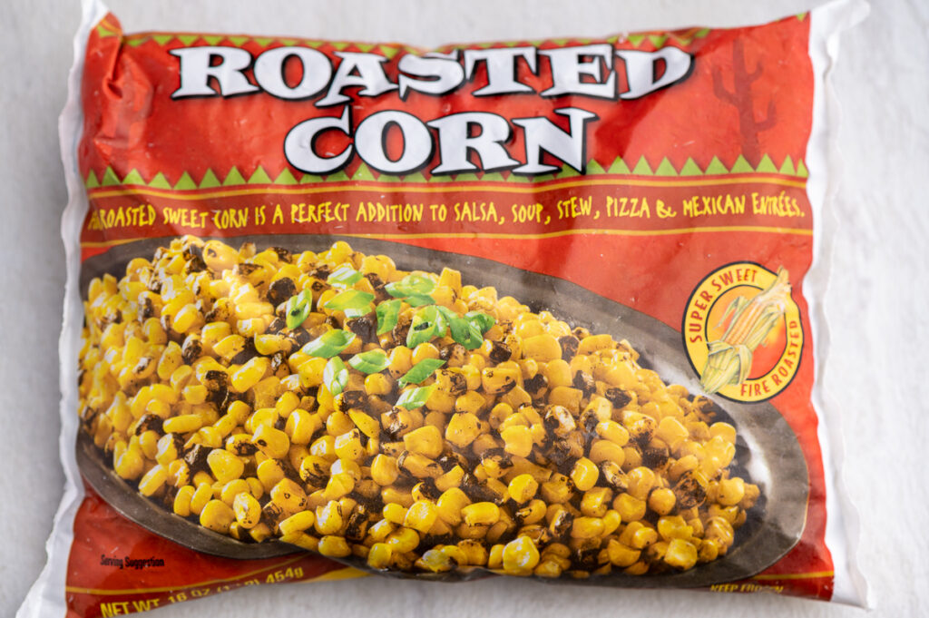 A bag of frozen roasted corn.