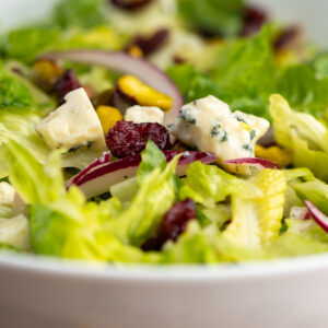 Cranberries, gorgonzola cheese, pistachios, and romaine lettuce in a bowl.