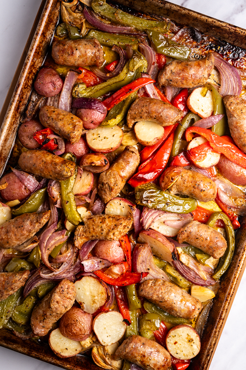 Sheet pan sausage and vegetables roasted.