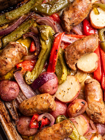 Sheet pan sausage and vegetables roasted.